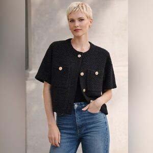 Massimo Dutti black short-sleeved bouclé jacket-blazer